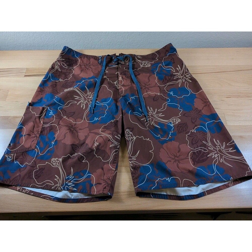 Crazy Shirts Board Shorts Mens 36 Blue Brown Floral Hawaiian Swim Trunks